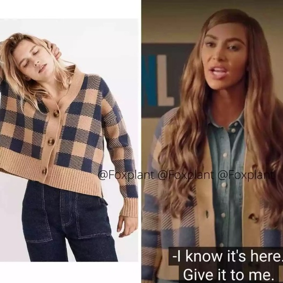 Madewell Bayberry Cardigan in Buffalo Check, on Kim Kardashian